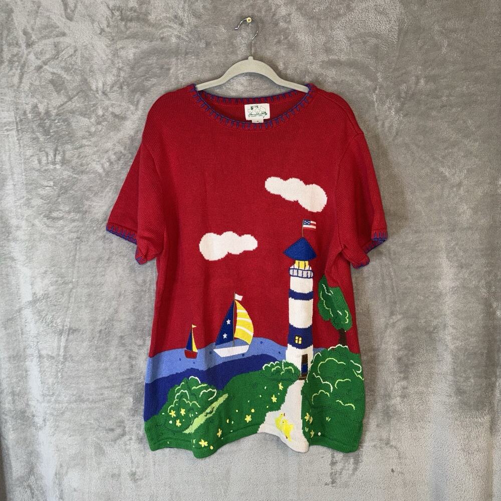 Vintage Quacker Facorty Nautical Sailboat Lighthouse Short Sleeve Sweater 1X